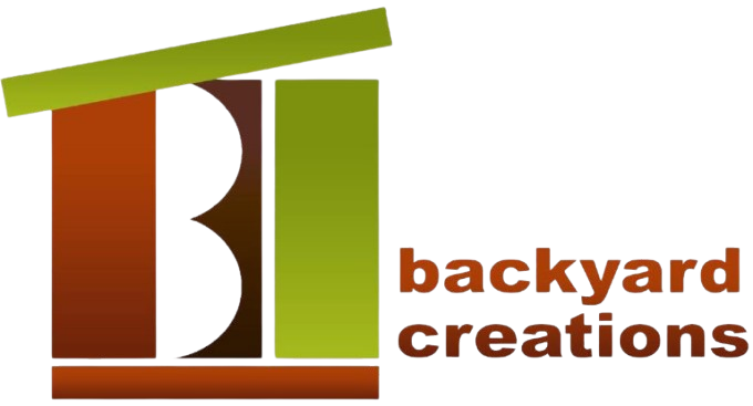 Logo with brown and green geometric blocks and the words "backyard creations" in brown text.