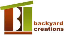 Logo with brown and green geometric blocks and the words "backyard creations" in brown text.