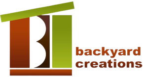 Logo with brown and green geometric blocks and the words "backyard creations" in brown text.