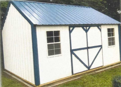White shed with blue metal roof, black trim, and double barn doors in a grassy yard