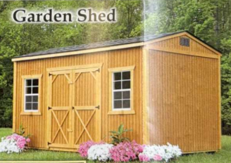 Wooden garden shed with double doors and white-trimmed windows, set in a flowered yard with trees behind.