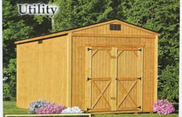 Wooden utility shed with double doors, set against green trees and pink flowers.