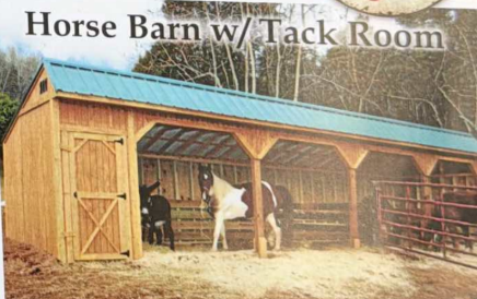 Horse barn with tack room, wooden shelter and fenced stalls, with two horses under a blue roof.