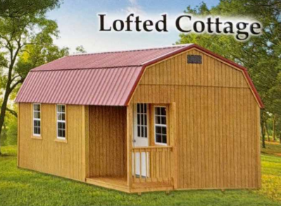 Small tan wooden cottage with a red metal roof on a grassy field, labeled “Lofted Cottage”