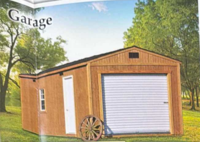 Wooden garage with white roll-up door and side door in a grassy yard under trees