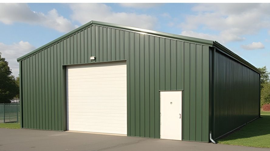 Green metal warehouse with a large white garage door and a smaller white side door.
