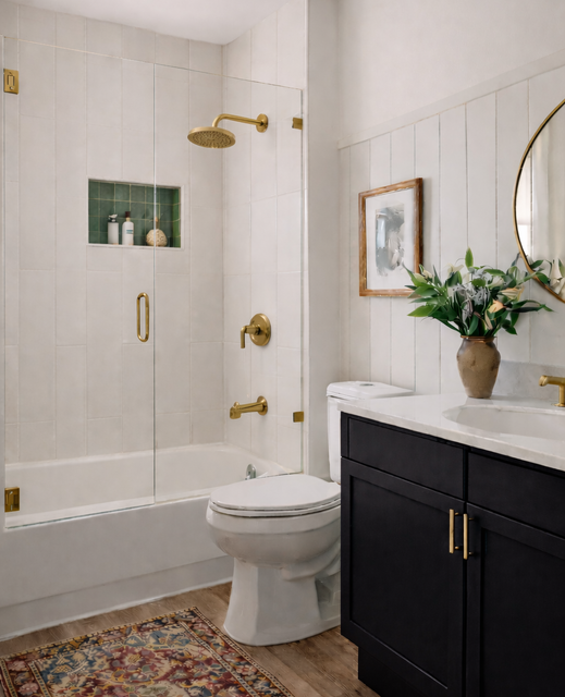A bathroom with a bathtub , sinks , and a walk in shower.