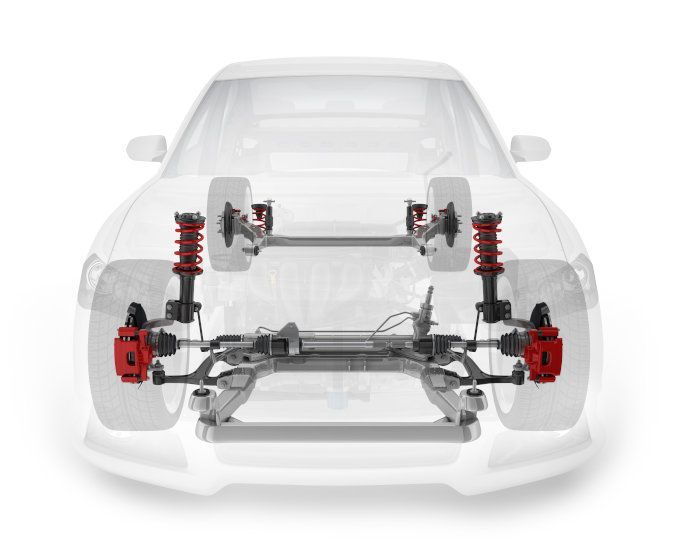 Transparent car showing front suspension, steering, and drivetrain components in red, black, and silver.