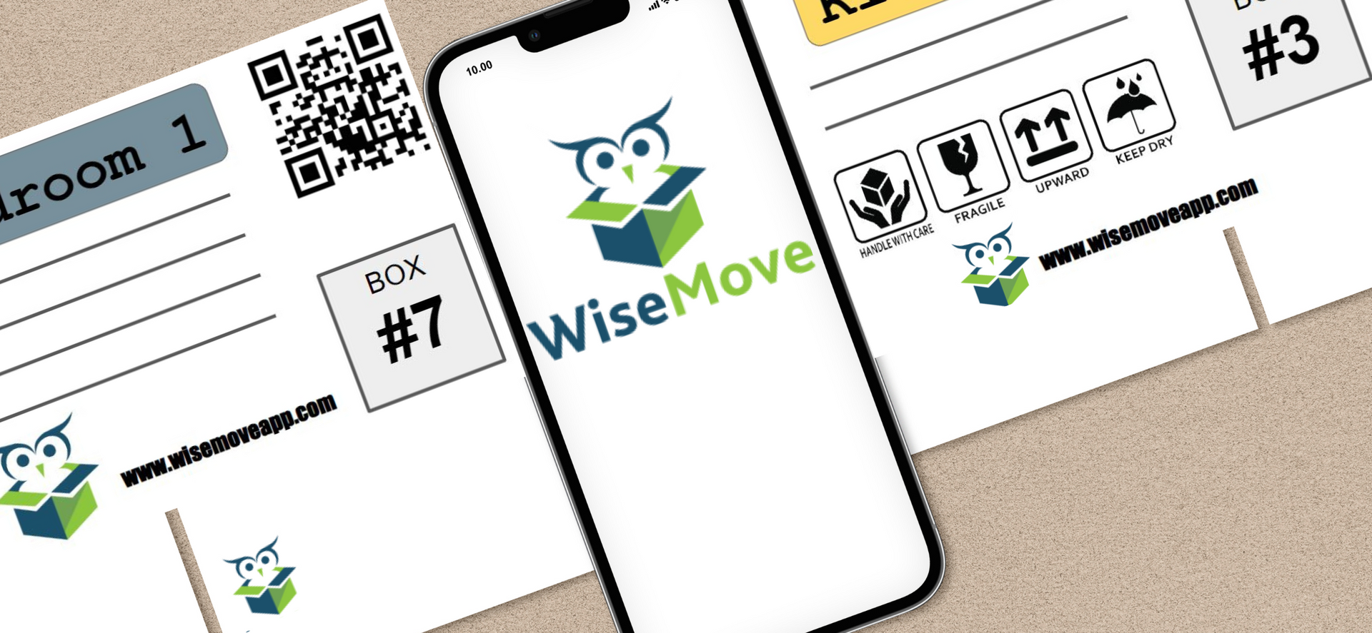 A cell phone featuring the wise move app and sample box labels.