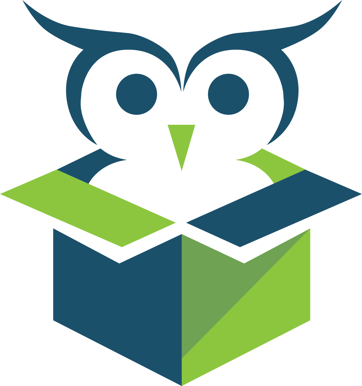 An owl is sitting on top of a green and blue box.