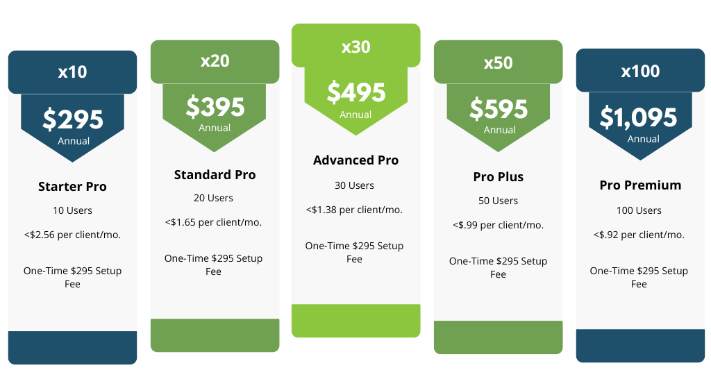 A row of pricing tables for different packages