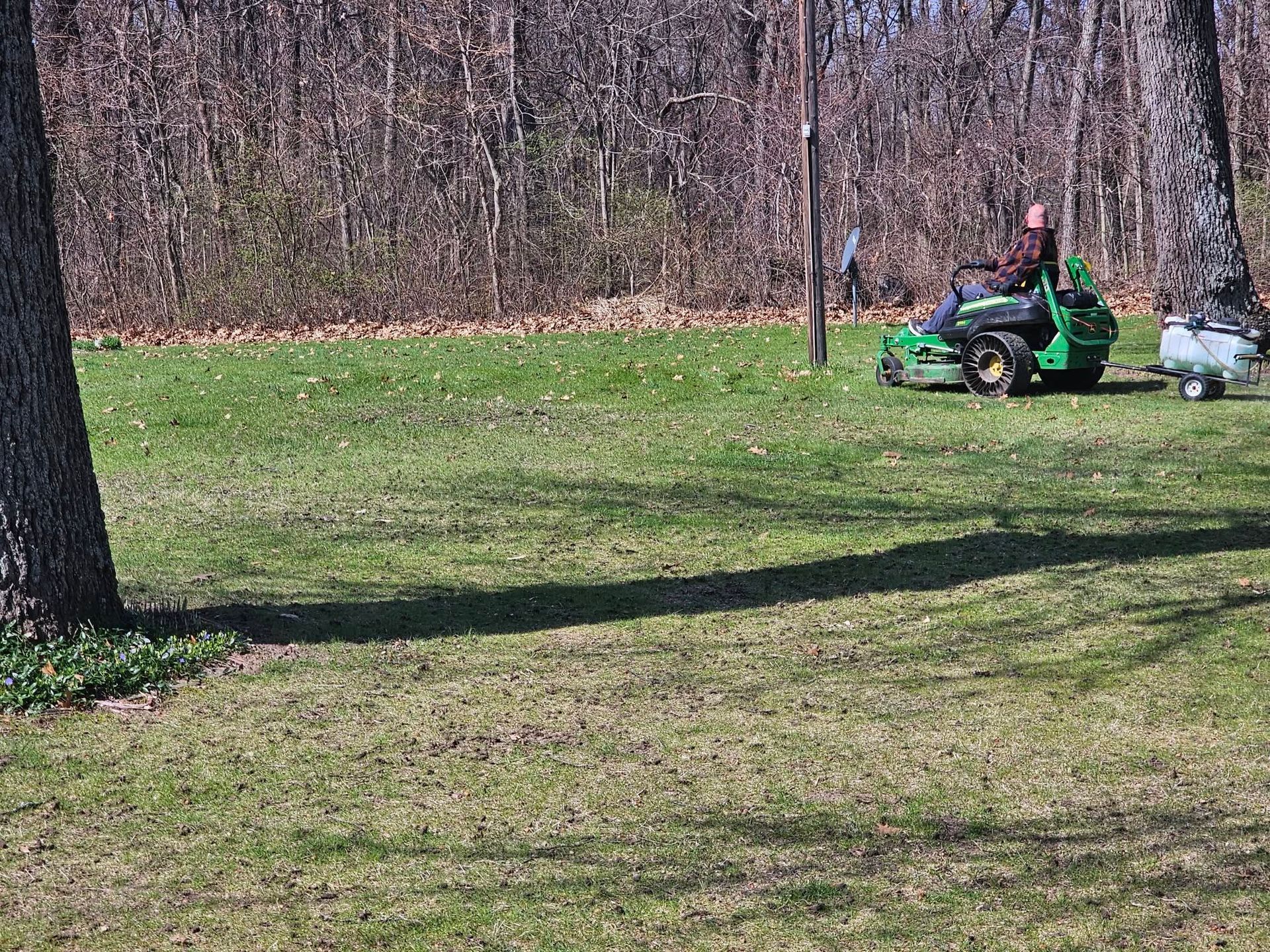 Person on a green lawn tractor mowing a grassy yard near trees and a wooded edge.