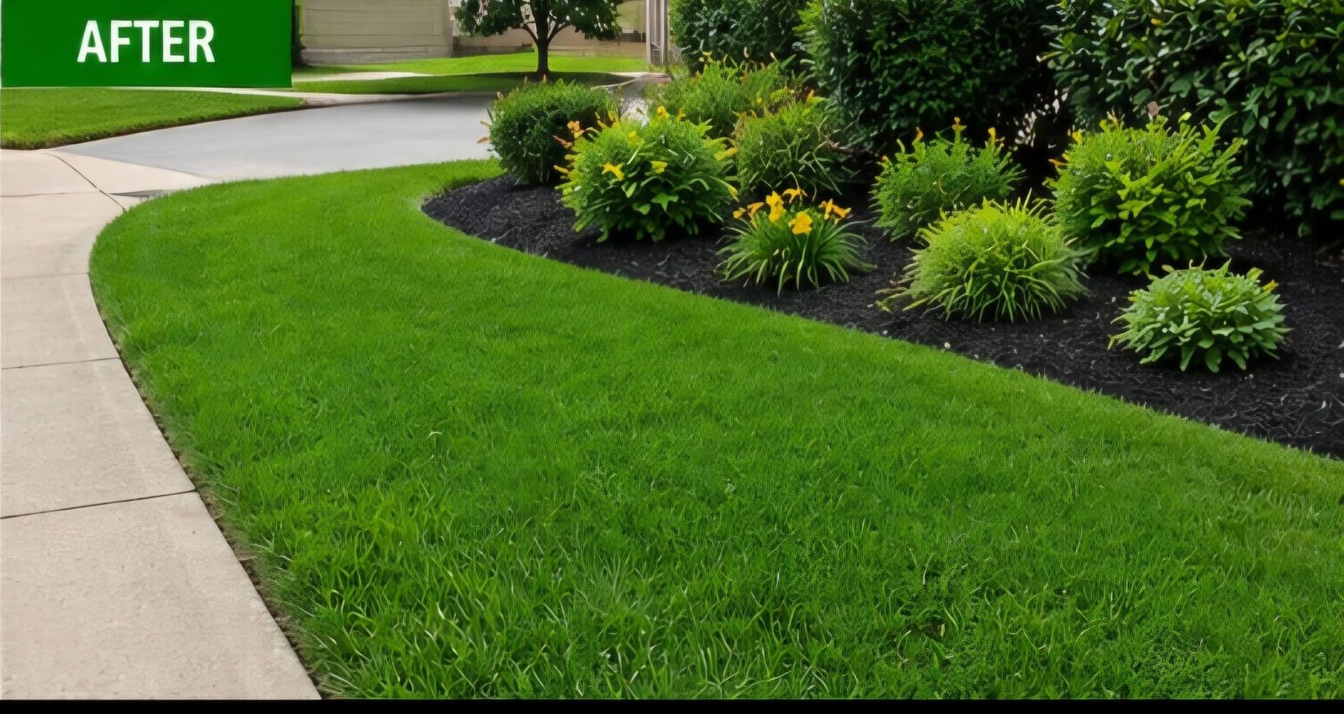 Well-kept green lawn bordering a curved sidewalk beside a landscaped garden bed with shrubs and yellow flowers.