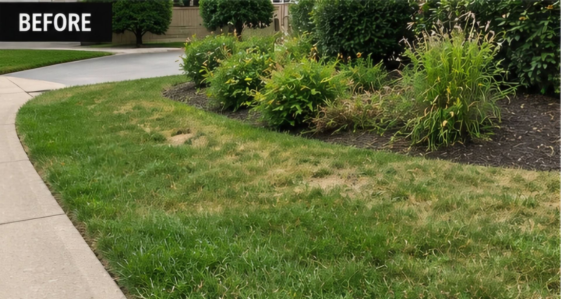 Before photo of a curved sidewalk beside a grassy lawn and shrubs in a landscaped yard