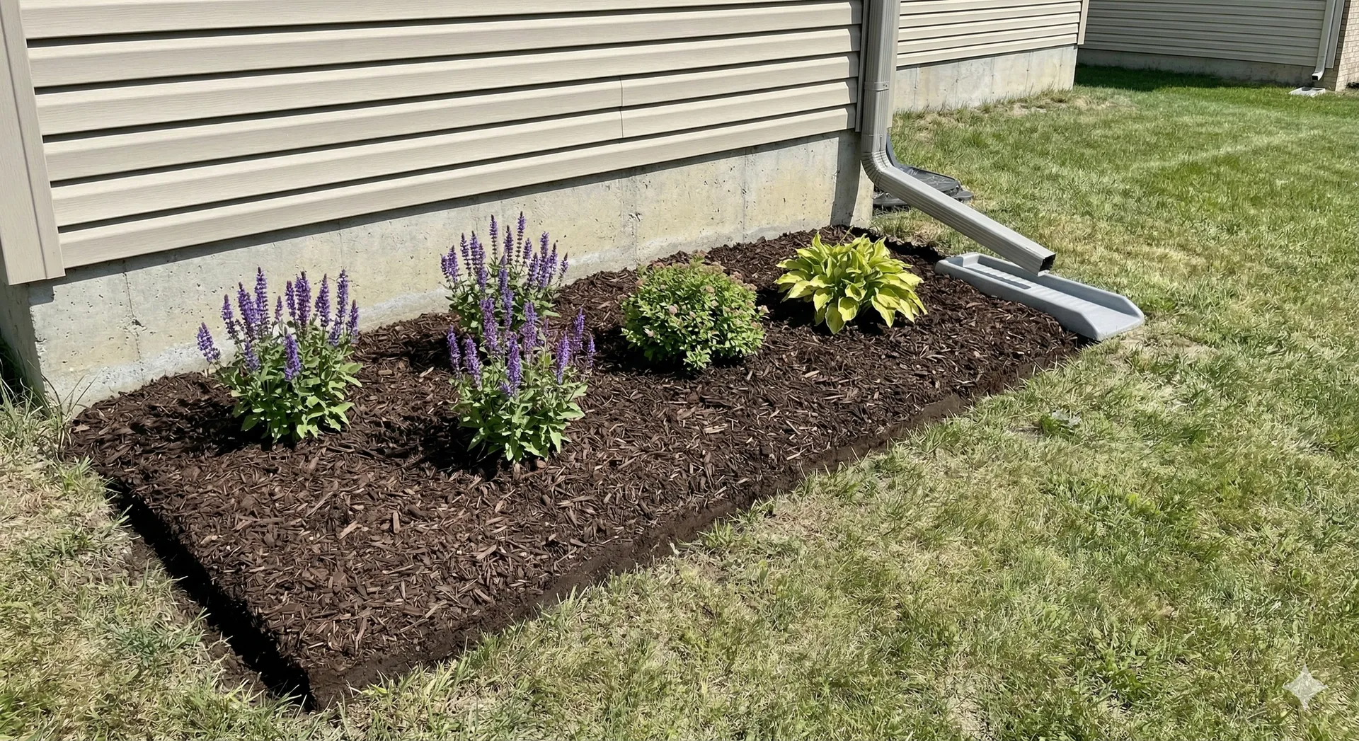 Small landscaped flower bed with purple and yellow plants beside a house wall and lawn.