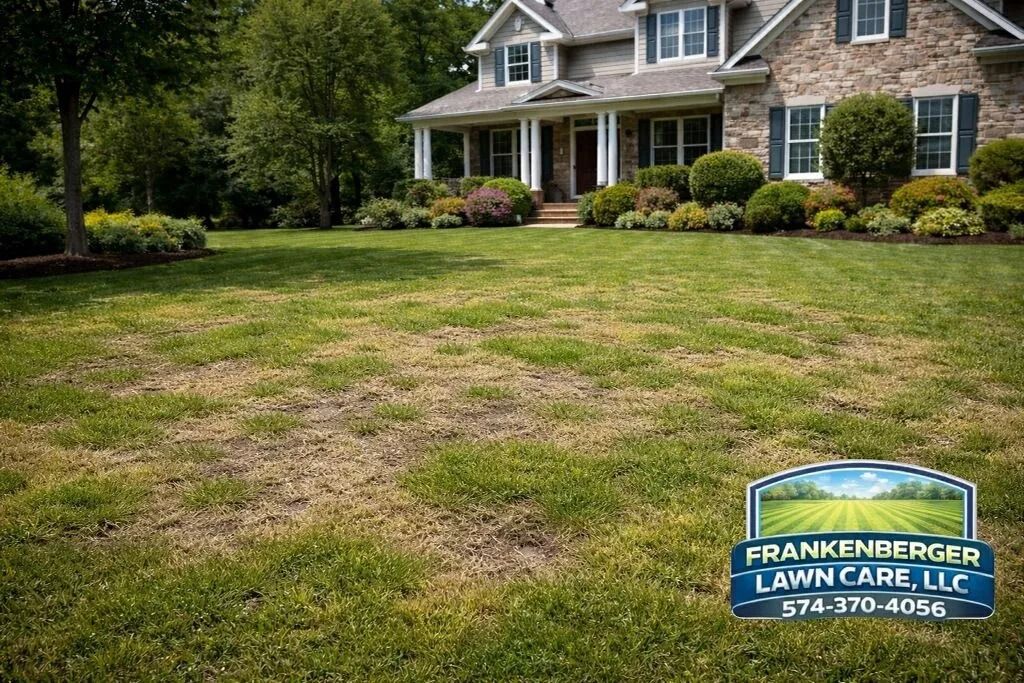 Lawn care sign in a front yard with a house and trimmed grass background