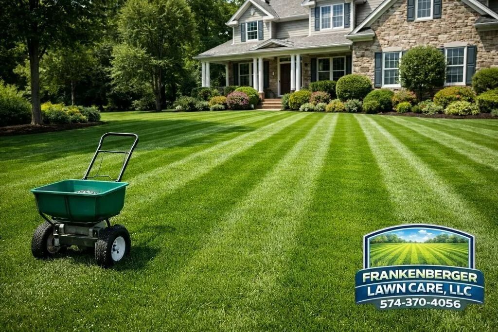 Lawn care company sign on a striped green lawn in front of a house, with a spreader in the foreground