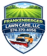 Frankenberger Lawn Care, LLC logo with orange snowplow, green field, and phone number 574-370-4056