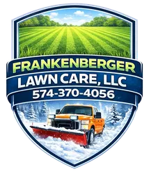 Frankenberger Lawn Care, LLC logo with orange snowplow, green field, and phone number 574-370-4056