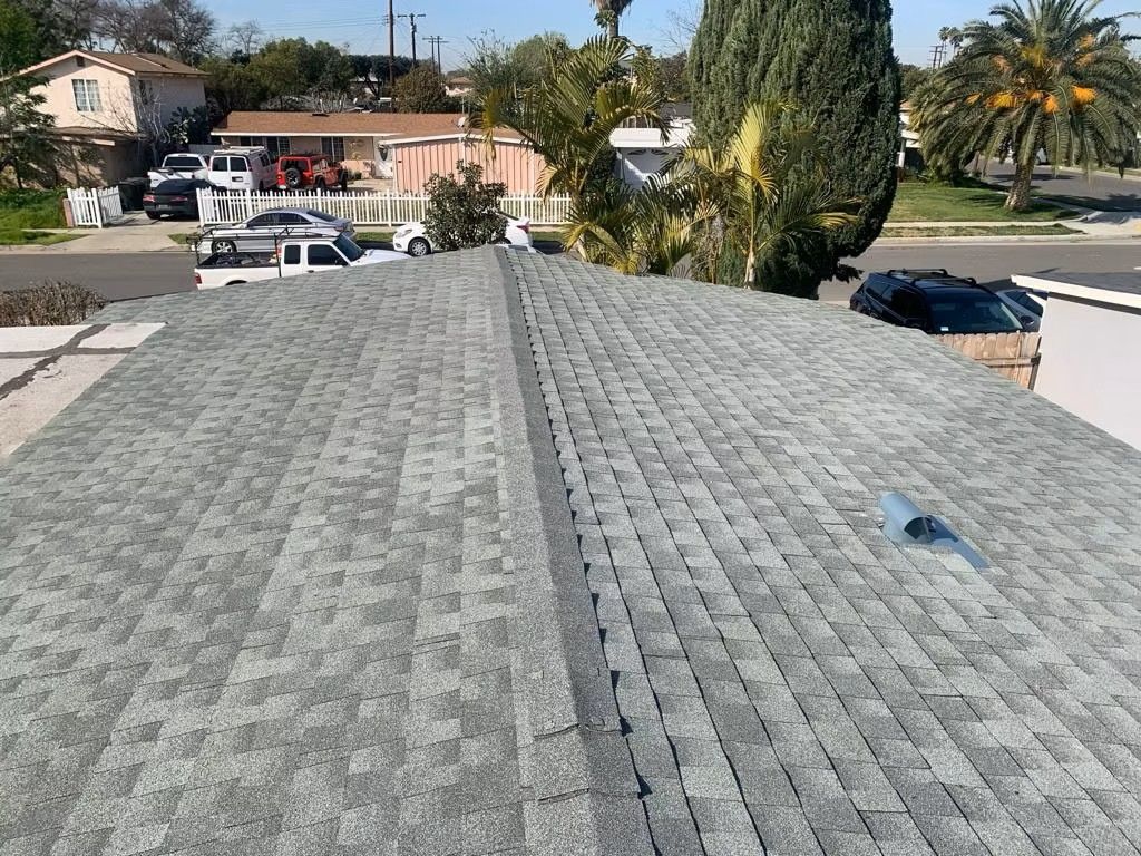 Rooftop with gray shingles overlooking a suburban neighborhood and parked cars