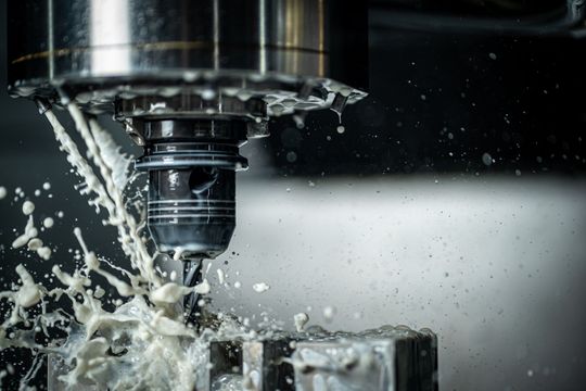 A machine is cutting a piece of metal with liquid coming out of it.