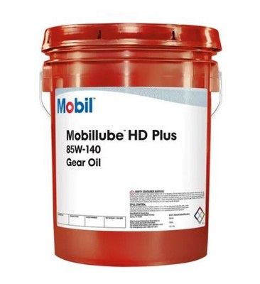 Cubo rojo de aceite para engranajes Mobil Mobilube HD Plus 85W-140, con etiqueta blanca y pancarta azul.