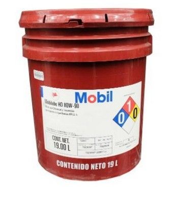 Cubo de aceite Mobil de color rojo con etiqueta, contiene 19 litros.