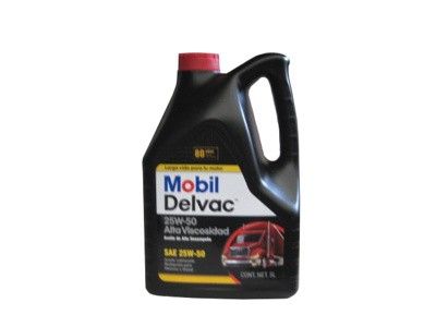 Contenedor de aceite Mobil Delvac 25W-50, negro con tapa roja, etiqueta que muestra un camión.