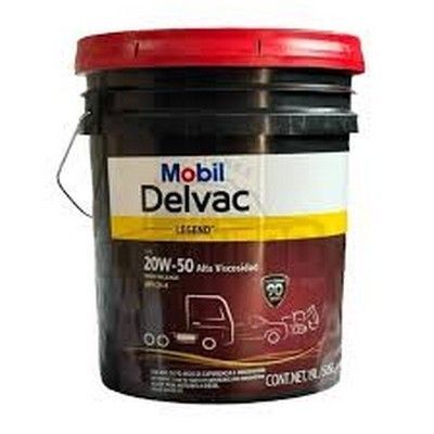 Balde de aceite Mobil Delvac Legend 20W-50, negro con tapa roja, franja amarilla y gráfico de camión.