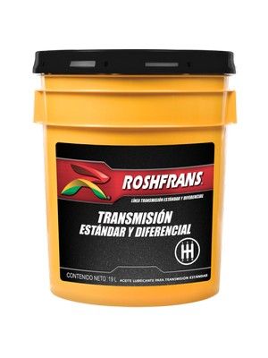 Yellow Roshfrans bucket of transmission oil, labeled 