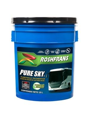 Cubo de aceite Roshfrans Pure Sky azul con ilustración de un autobús en la etiqueta. Tapa negra.