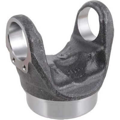 Yugo de metal gris, parte de un sistema de transmisión para un vehículo, con dos aberturas circulares y una base cilíndrica.
