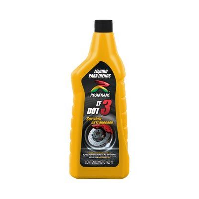 Botella amarilla de líquido de frenos Rosetrans LF DOT 3. Contiene 350 ml.