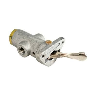 Válvula de corte de combustible de plata con palanca, montada en un soporte.