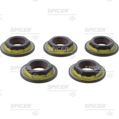 Cinco tuercas de brida negras con revestimiento amarillo anticorrosivo. Logotipo de Spicer visible.