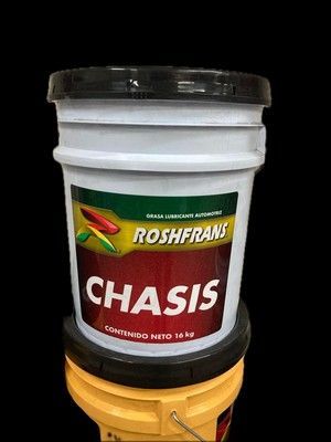 Cubo de lubricante Roshfrans CHASIS de color blanco con tapa negra, colocado encima de un cubo amarillo, sobre un fondo negro.