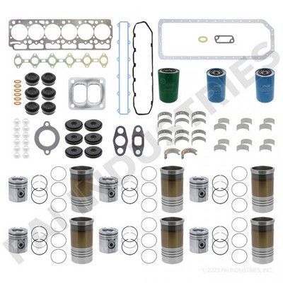 Kit de reconstrucción de motor con varias piezas, incluidos pistones, juntas y filtros.