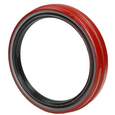 Sello de aceite automotriz circular de color rojo con componentes negros y grises.