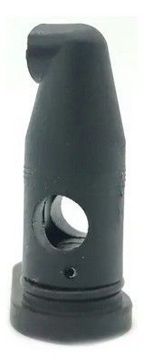Componente de plástico negro con una parte superior en forma de gancho, un orificio circular grande y una base con una junta tórica.