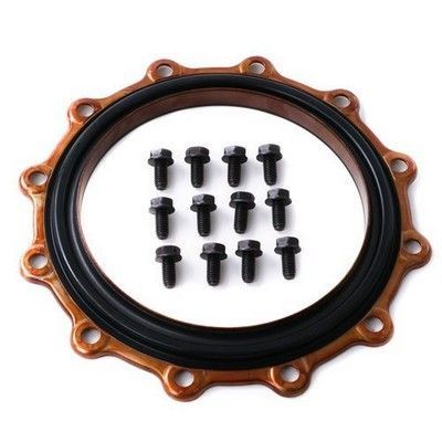 Junta de color cobre con sello de goma negro, 12 tornillos negros.