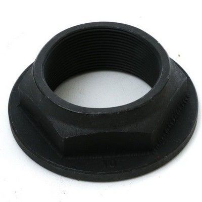 Tuerca de cojinete de rueda, de color negro, con forma hexagonal y roscas internas.