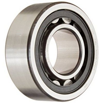 Rodamiento de rodillos cilíndricos, metal plateado con anillo negro de rodillos en su interior.
