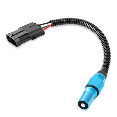 Sensor azul con cableado y conector negros.
