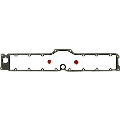 Junta de tapa de válvulas de motor negra con múltiples orificios y dos tapones rojos.