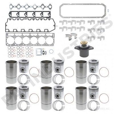 Componentes del kit de reconstrucción del motor: juntas, pistones, camisas de cilindros y bomba de agua.