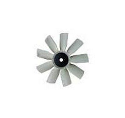 Ventilador de plástico gris con ocho aspas, centrado en un agujero negro.