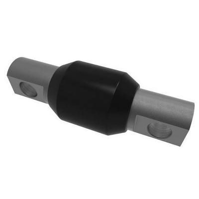 Componente de suspensión de metal y caucho con dos extremos cilíndricos, centro negro.