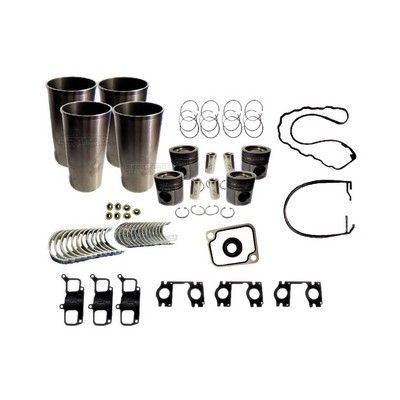 Componentes del kit de reconstrucción de motor: cilindros, pistones, anillos, juntas, cojinetes y más.