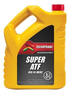 Botella amarilla de Roshfrans Super ATF con tapón rojo y etiqueta negra y roja.
