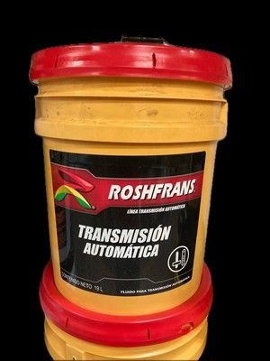 Balde amarillo de líquido de transmisión automática Roshfrans con tapa roja y etiqueta.